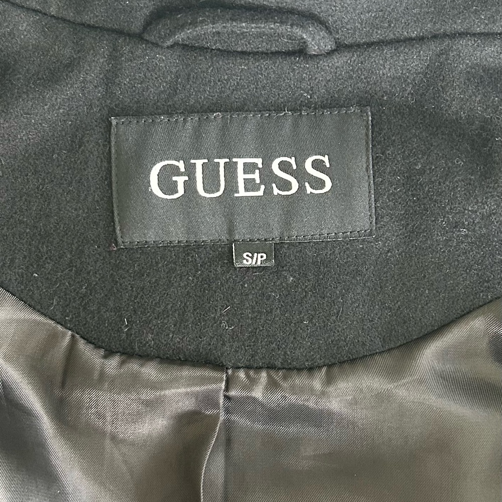 GUESS Women’s Dbl Breasted Pea Coat Black Wool Blend Cropped Belt 3/4 Sleeve S/P - Picture 5 of 14